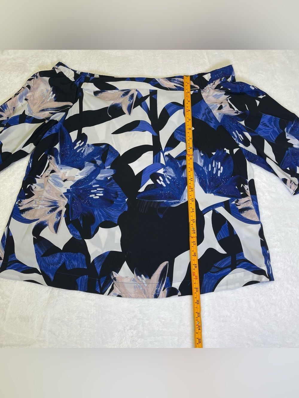 1.STATE Floral Off-Shoulder Blouse Large Blue White Pink Sleeve Knot Work Top - Picture 7 of 9